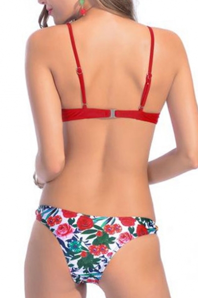 Crisscross Hollow Out Spaghetti Straps Top Floral Pattern Bottom Bikini Swimwear