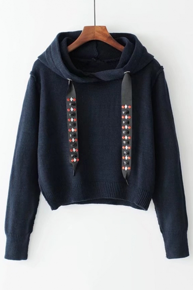 Fashion Pearl Embellished Simple Long Sleeve Hooded Comfort Sweater