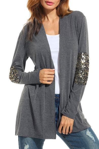 Fashion Sequined Patched Long Sleeve Open Front Casual Leisure Coat