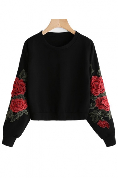 Hot Fashion Floral Embroidered Long Sleeve Round Neck Pullover Sweatshirt
