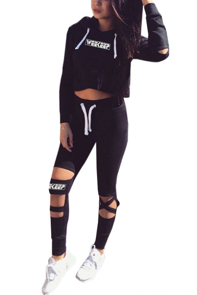 Hot Popular Sports Letter Printed Long Sleeve Cropped Hoodie with Cut Out Drawstring Pants