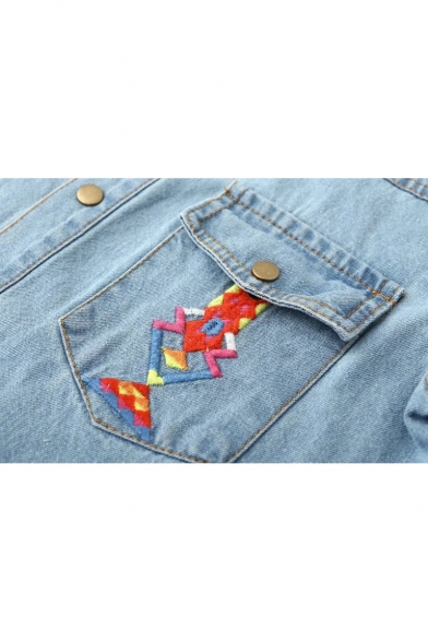 New Arrival Fashion Floral Embroidered Lapel Collar Long Sleeve Buttons Down Denim Shirt