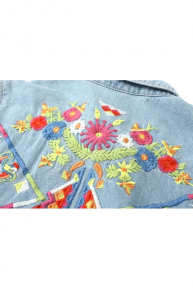 New Arrival Fashion Floral Embroidered Lapel Collar Long Sleeve Buttons Down Denim Shirt