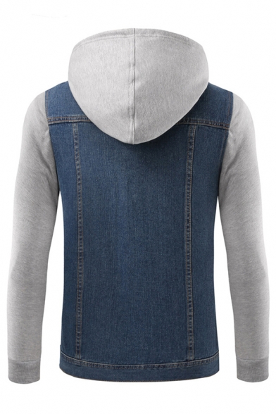 New Trendy Fashion Color Block Denim Patched Long Sleeve Hooded Buttons Down Coat