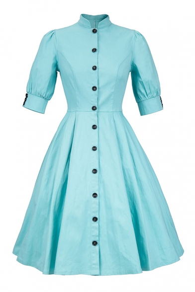 New Trendy Retro Elegant Short Sleeve Simple Plain Buttons Down Midi Flared Dress