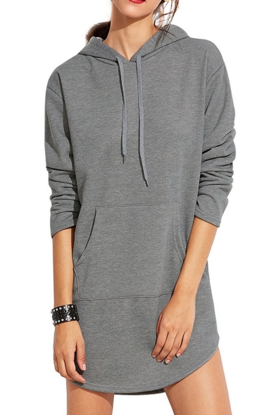 Simple Plain Long Sleeve Casual Sports Tunic Hoodie with Pockets