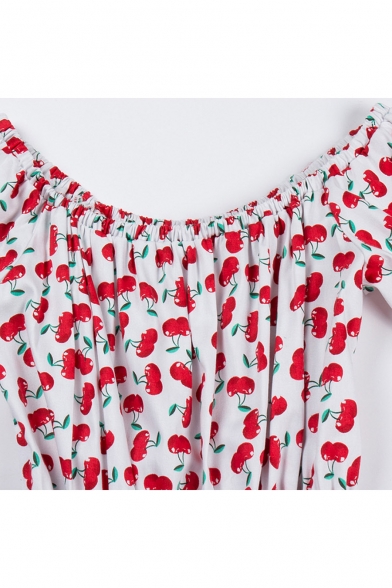 Summer's Fresh Cherry Pattern Round Neck Short Sleeve Retro Midi Flared Dress