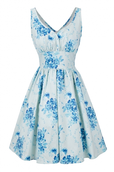 Vintage Floral Pattern V Neck Sleeveless Elegant Midi Fit Flare Dress