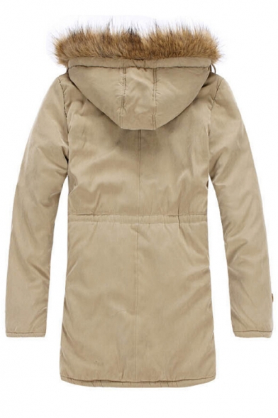 Winter's Warm Long Sleeve Fur Hooded Simple Plain Zip Up Cotton Coat