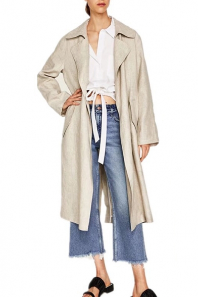 Basic Simple Plain Notched Lapel Collar Long Sleeve Leisure Trench Coat