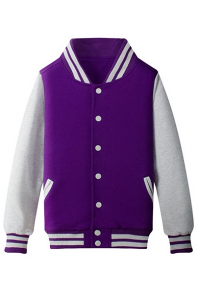Basic Simple Stand-Up Collar Long Sleeve Color Block Buttons Down Baseball Jacket