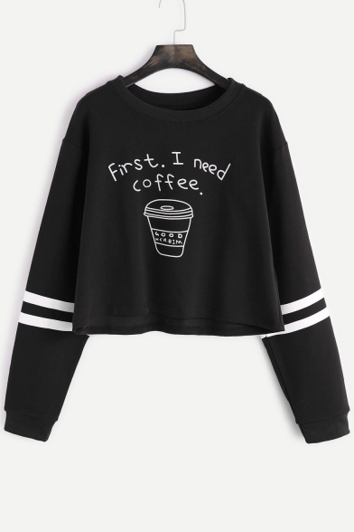 Cartoon Coffee Letter Pattern Long Sleeve Round Neck Loose Cropped Sweatshirt