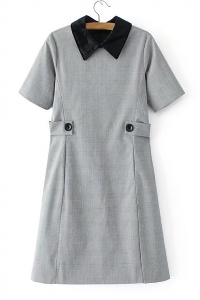 Color Block Collar Short Sleeve Plaids Printed Loose Leisure Midi A-Line Dress