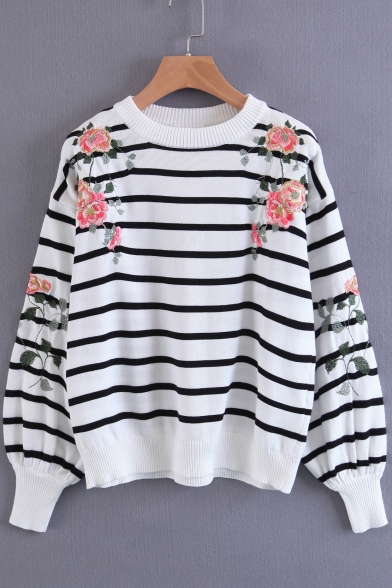 Color Block Floral Embroidered Round Neck Striped Long Sleeve Sweater
