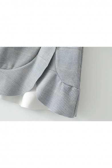 Color Block High Waist Ruffle Hem Zip Side Grid Panel Short Skirt