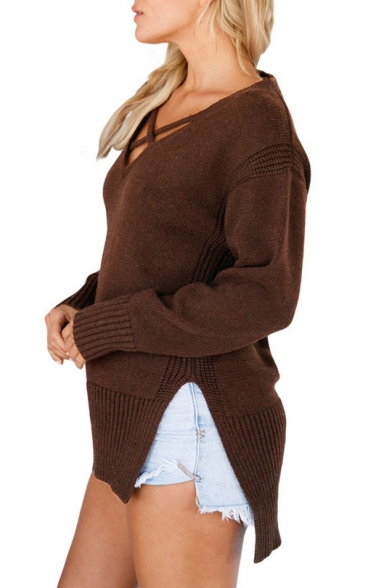 Crisscross V Neck Long Sleeve Basic Simple Plain Dipped Hem Sweater