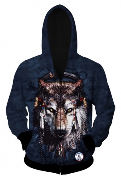 Hot Fashion Digital Wolf Head Pattern Long Sleeve Zip Up Hoodie