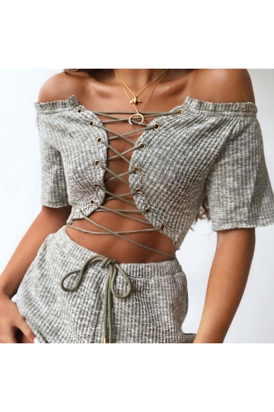 Hot Fashion Lace-Up Hollow Out Off The Shoulder Short Sleeve Plain Cropped T-Shirt