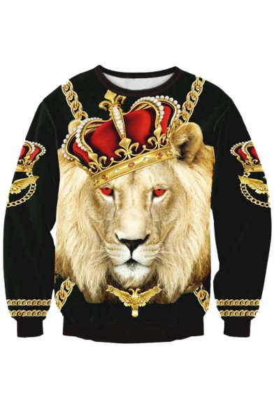 Hot Popular Crown Lion Printed Round Neck Long Sleeve Pullover Sweatshirt