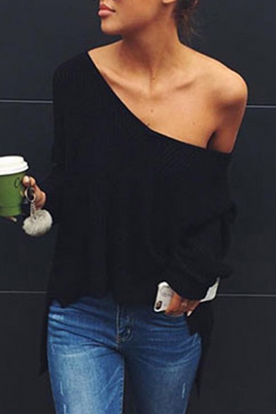 Hot Popular Simple Basic Plain V Neck Long Sleeve Comfort Pullover Sweater