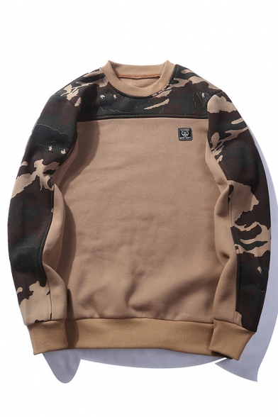 Loose Leisure Round Neck Long Sleeve Color Block Camouflage Pattern Sweatshirt