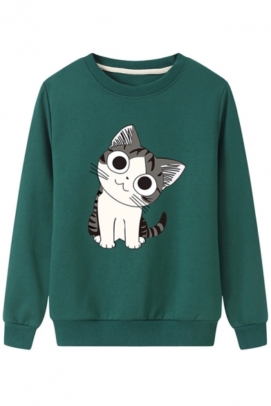 Lovely Cartoon Cat Pattern Long Sleeve Round Neck Casual Comfort Sweatshirt