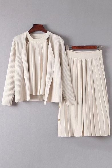New Arrival Basic Plain Knit Tank Long Sleeve Cardigan with Buttons Down Skirt Three-Piece Co-ords