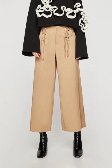 New Arrival High Rise Lace-Up Side Simple Plain Loose Wide Legs Pants