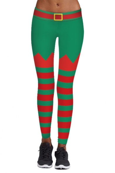 New Stylish Digital Christmas Striped Printed Elastic Waist Skinny Leggings