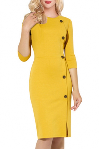 Office Lady Simple Plain Round Neck 3/4 Sleeve Buttons Down Side Midi Pencil Dress