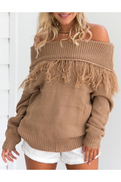 Stylish Tassel Hem Sexy Off The Shoulder Long Sleeve Plain Pullover Sweater