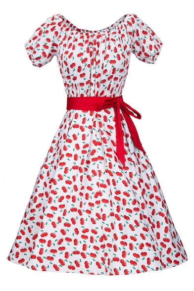 Summer's Fresh Cherry Pattern Round Neck Short Sleeve Retro Midi Flared Dress