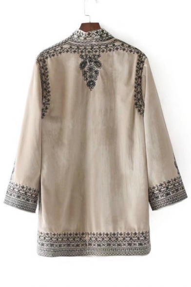 Chic Embroidered Long Sleeve Open Front Casual Loose Kimono Coat