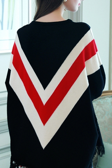 Color Block Chevron Pattern Round Neck Tassel Hem Batwing Long Sleeve Sweater