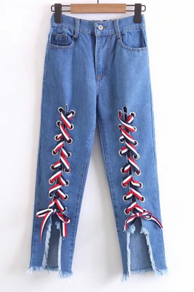 Elastic Waistband Zip Fly Tie Front Frayed Hem Jeans