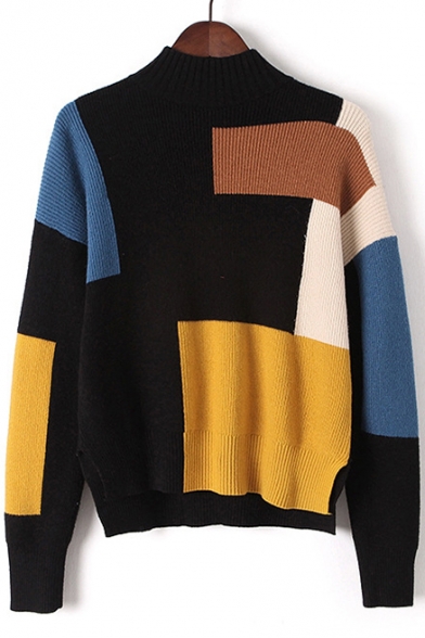 Fashion Asymmetrical Color Block Mock Neck Long Sleeve Comfort Sweater