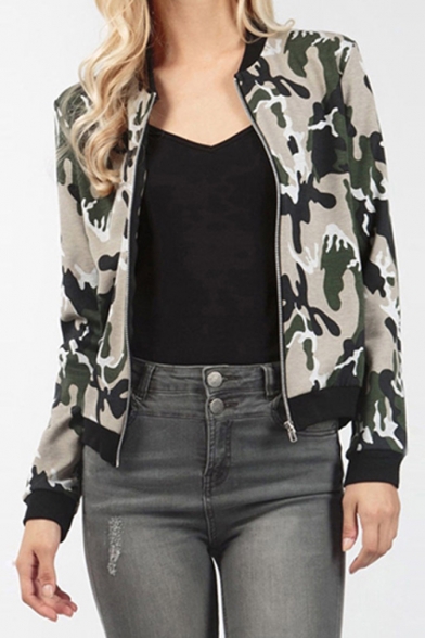 New Arrival Stand-Up Collar Camouflage Pattern Zip-Up Long Sleeve Cropped Coat