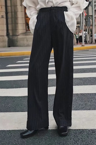 New Fashion Striped Pattern Buttons Embellished Side Wide-Leg Pants