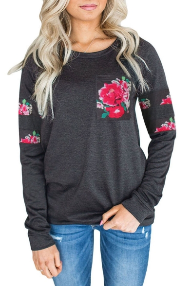 Round Neck Floral Pattern Loose Long Sleeve Tee