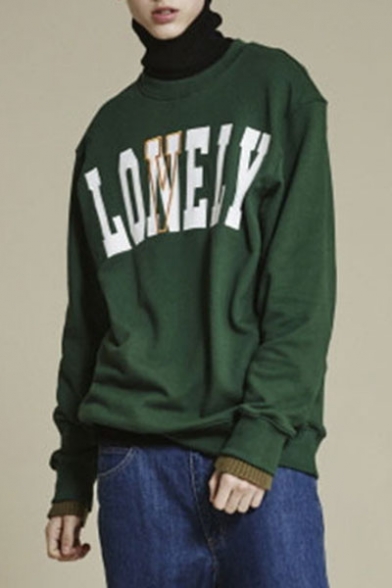 Round Neck Letter Embroidered Long Sleeve Pullover Sweatshirt