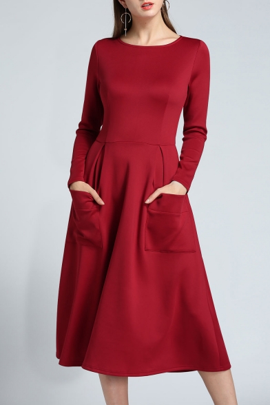 Simple Plain Round Neck Long Sleeve A-line T-shirt Midi Dress with Pockets