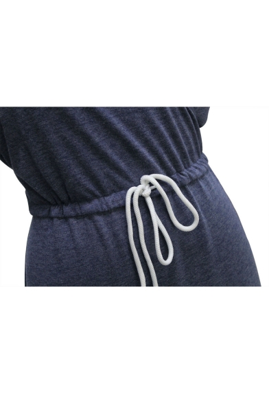 Simple Plain V-Neck Drawstring Waist Split Side Long Sleeve Wrap Maxi Dress