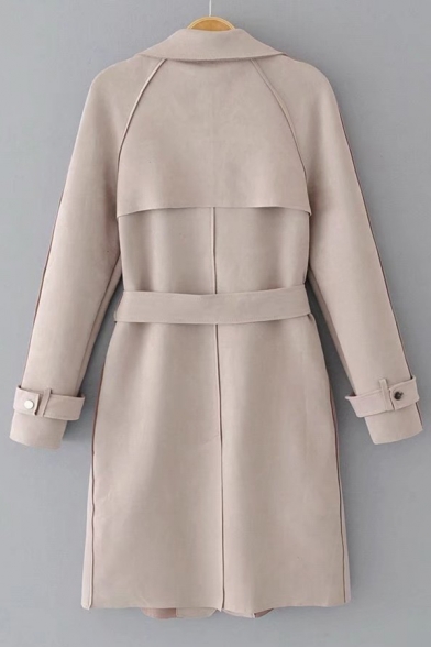 Chic Belted Waist Notched Collar Long Sleeve Plain Tunic Coat