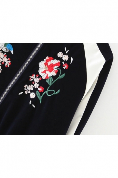 Chic Embroidery Floral Bird Pattern Stand-Up Collar Color Block Zipper Jacket