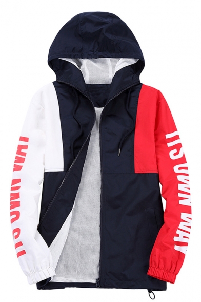 

Chic Letter Print Color Block Zipper Long Sleeve Loose Unisex Hooded Coat, LC452884, Blue;red