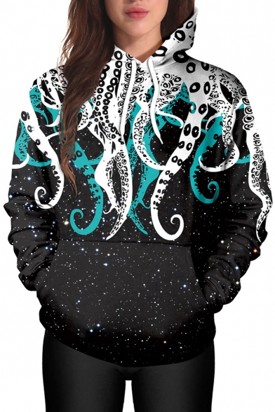 Color Block Octopus Pattern Long Sleeve Loose Pullover Hoodie