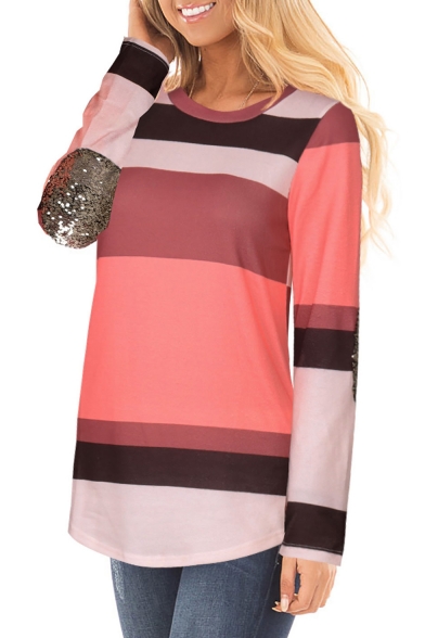Color Block Panel Sequined Elbow Patchwork Round Neck Long Sleeve Top