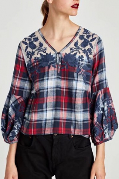 New Collection V Neck Chic Lace Inserted Plaids Printed Pullover Blouse