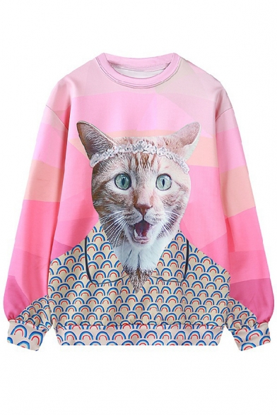 New Stylish Animal Print Color Block Round Neck Long Sleeve Pullover Sweatshirt