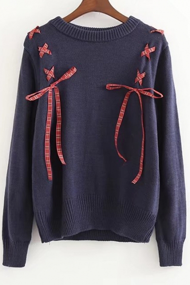 New Stylish Color Block Lace-Up Round Neck Long Sleeve Pullover Sweater